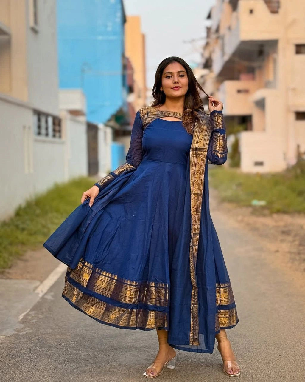 Cotton Silk Gown with Kalamkari Weaving and Soft Georgette Dupatta