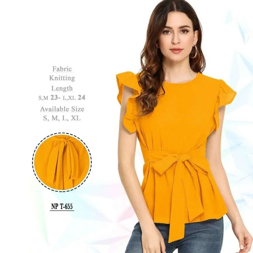 Fashionable Top Yellow & Pista Cap Sleeves Round Neck Solid Peplum Top - NextBuy