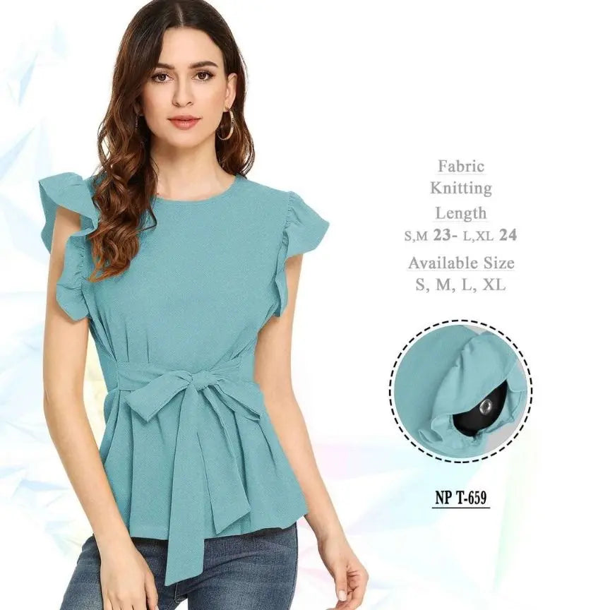 Fashionable Top Yellow & Pista Cap Sleeves Round Neck Solid Peplum Top - NextBuy