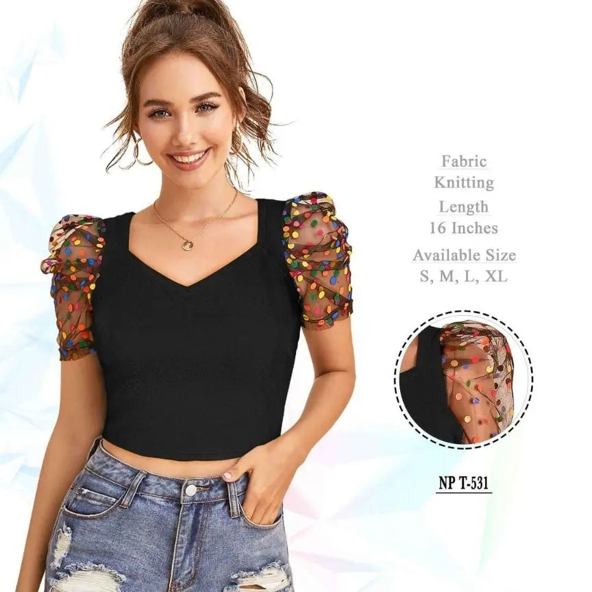 Polyster Short Sleeve V-Neck Lightweight Western Stylish Crop Top - NextBuy