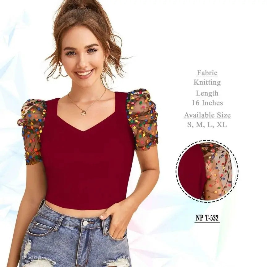 Polyster Short Sleeve V-Neck Lightweight Western Stylish Crop Top - NextBuy