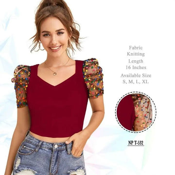 Polyster Short Sleeve V-Neck Lightweight Western Stylish Crop Top - NextBuy