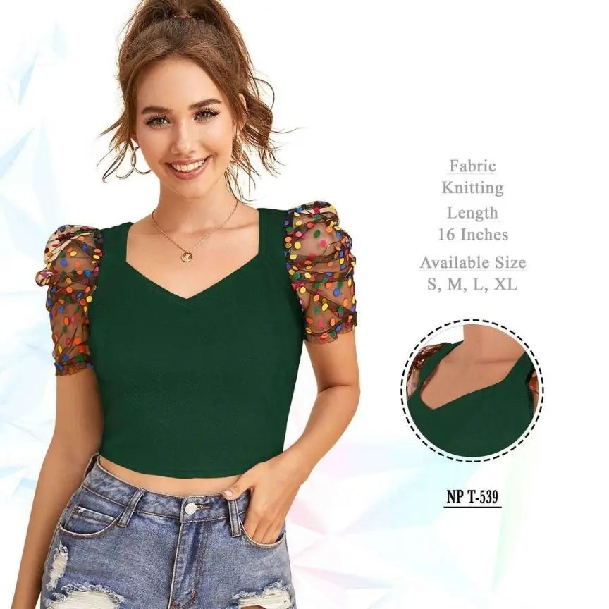 Polyster Short Sleeve V-Neck Lightweight Western Stylish Crop Top - NextBuy