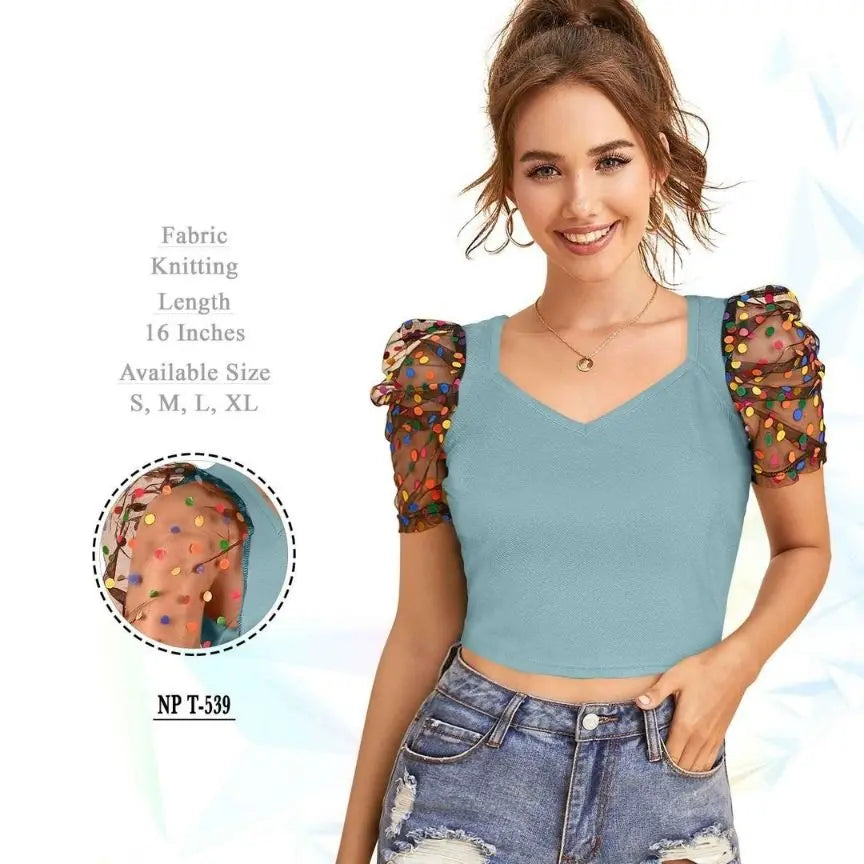 Polyster Short Sleeve V-Neck Lightweight Western Stylish Crop Top - NextBuy