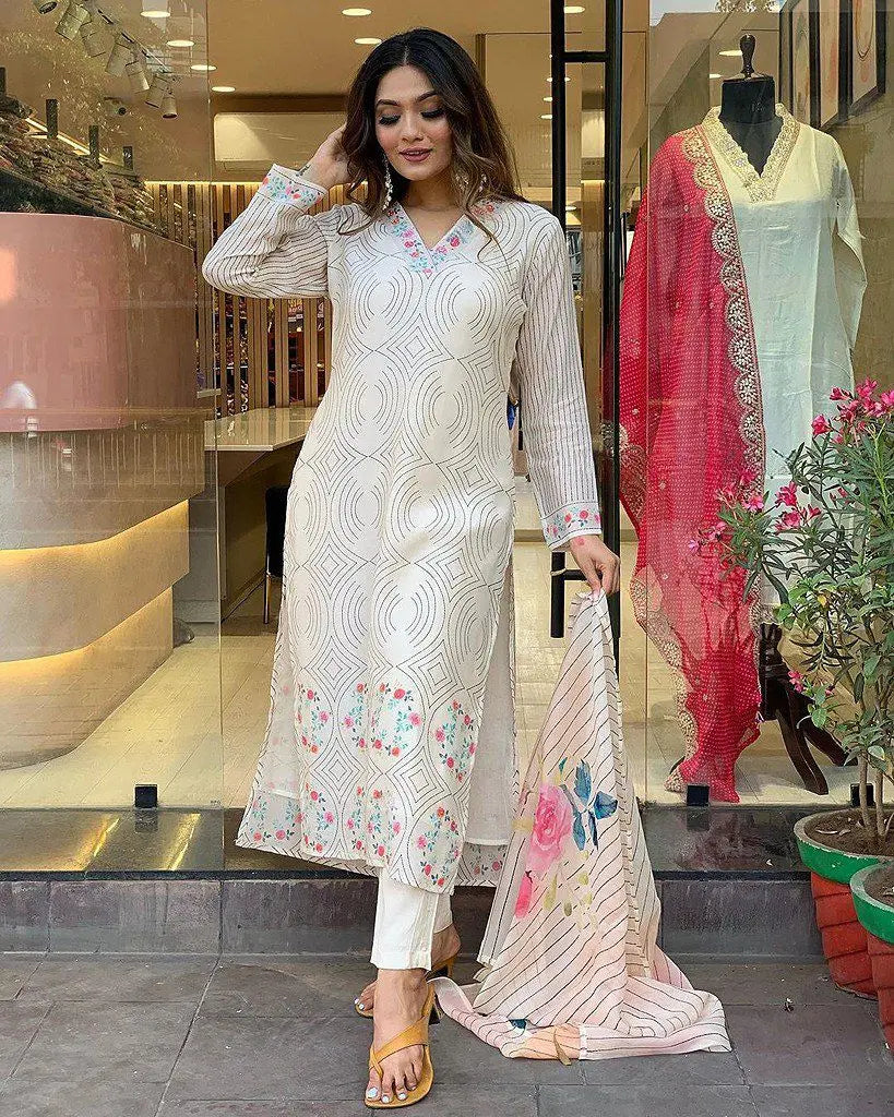 1. Floral Printed V-Neck Kurta & Trousers With Dupatta NextBuy