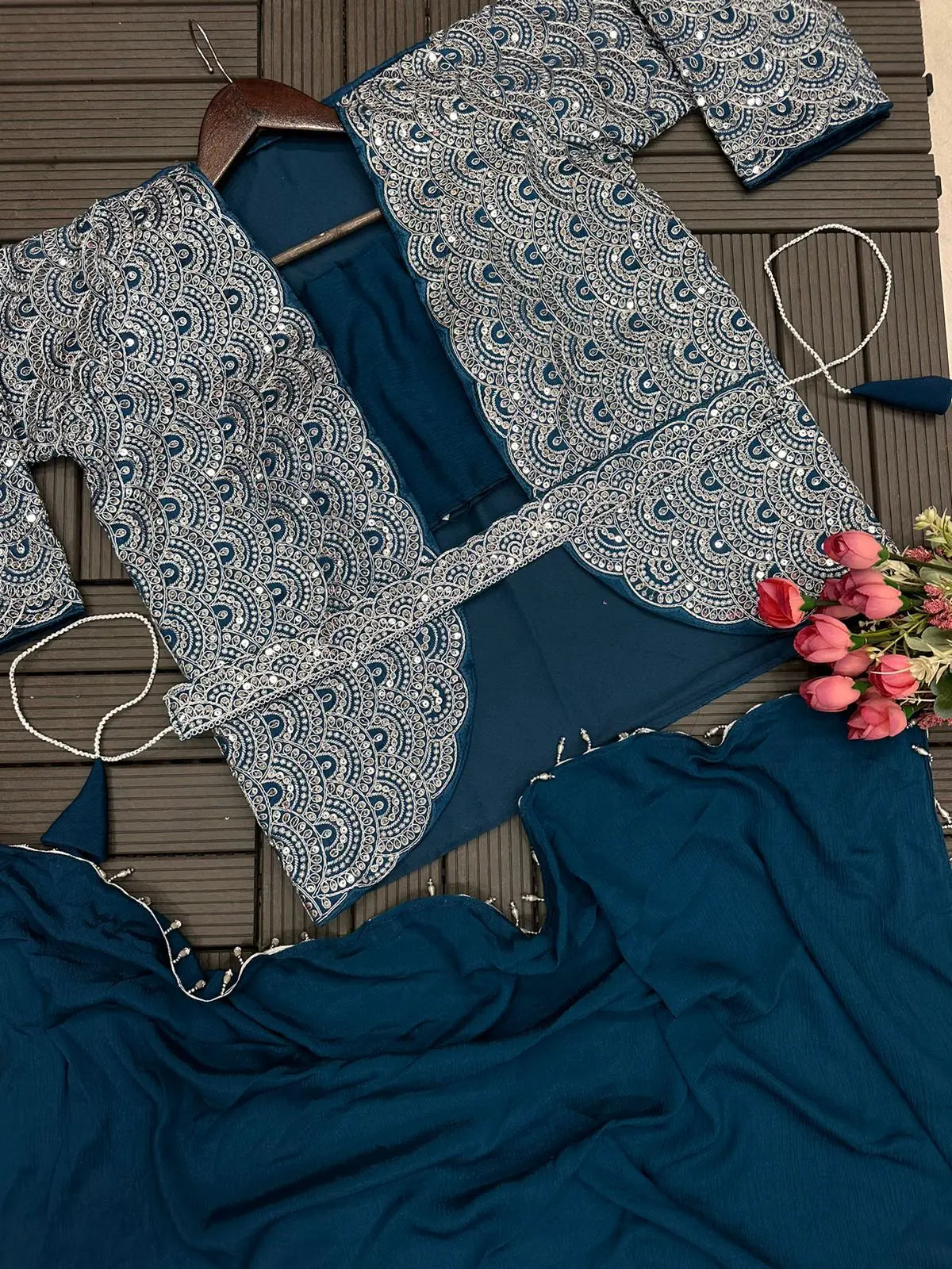 New Super Trending Embroidery Cording Work Ready To Wear Saree With Full Koti NextBuy