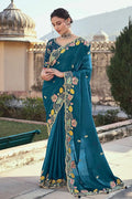 Wedding Wear Stone Embroidered Prussian Blue Saree in Organza NextBuy