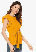 Fashionable Top Yellow & Pista Cap Sleeves Round Neck Solid Peplum Top - NextBuy