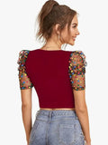 Polyster Short Sleeve V-Neck Lightweight Western Stylish Crop Top - NextBuy