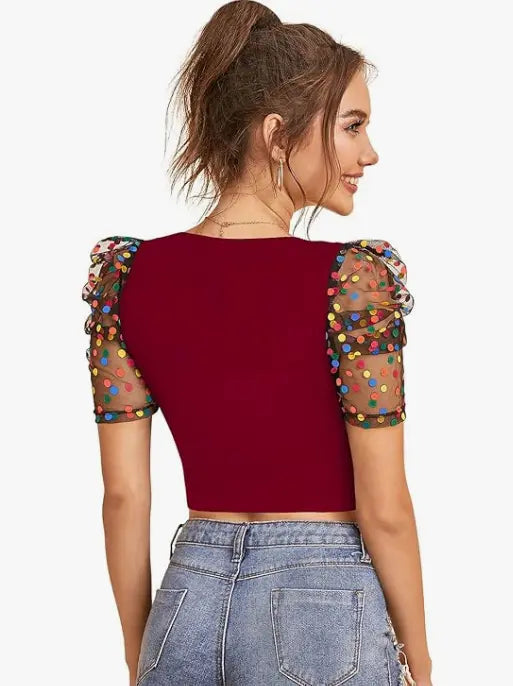 Polyster Short Sleeve V-Neck Lightweight Western Stylish Crop Top - NextBuy