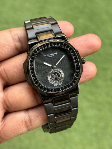 All black luxury style metal strap watch for men