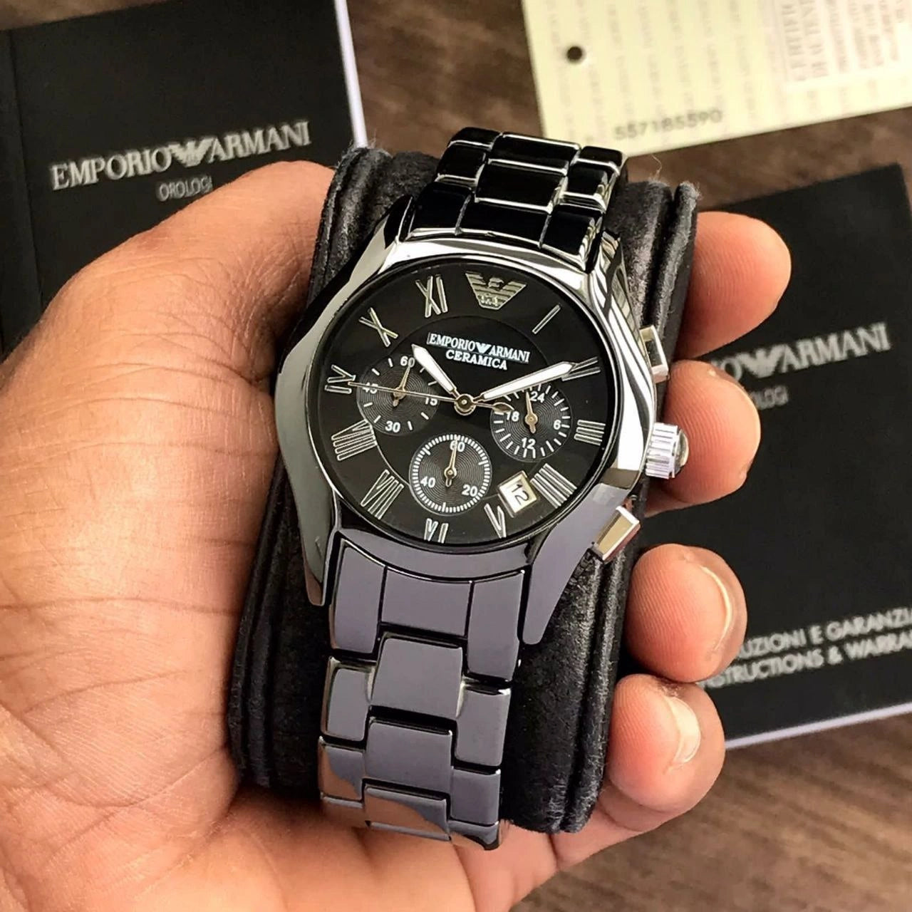 Emporio Armani black dial watch with date display
