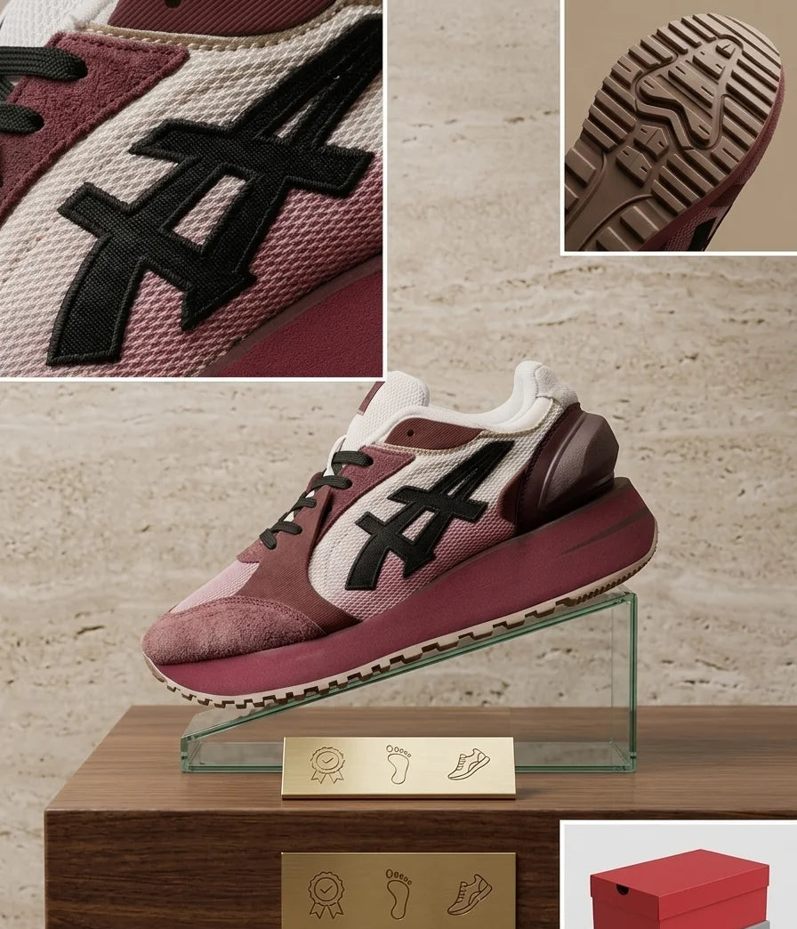 ASICS style sneakers for men in maroon white and black