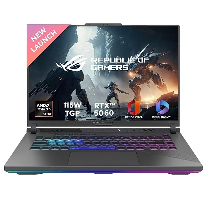 ASUS ROG Strix G16 gaming laptop front view with RGB keyboard