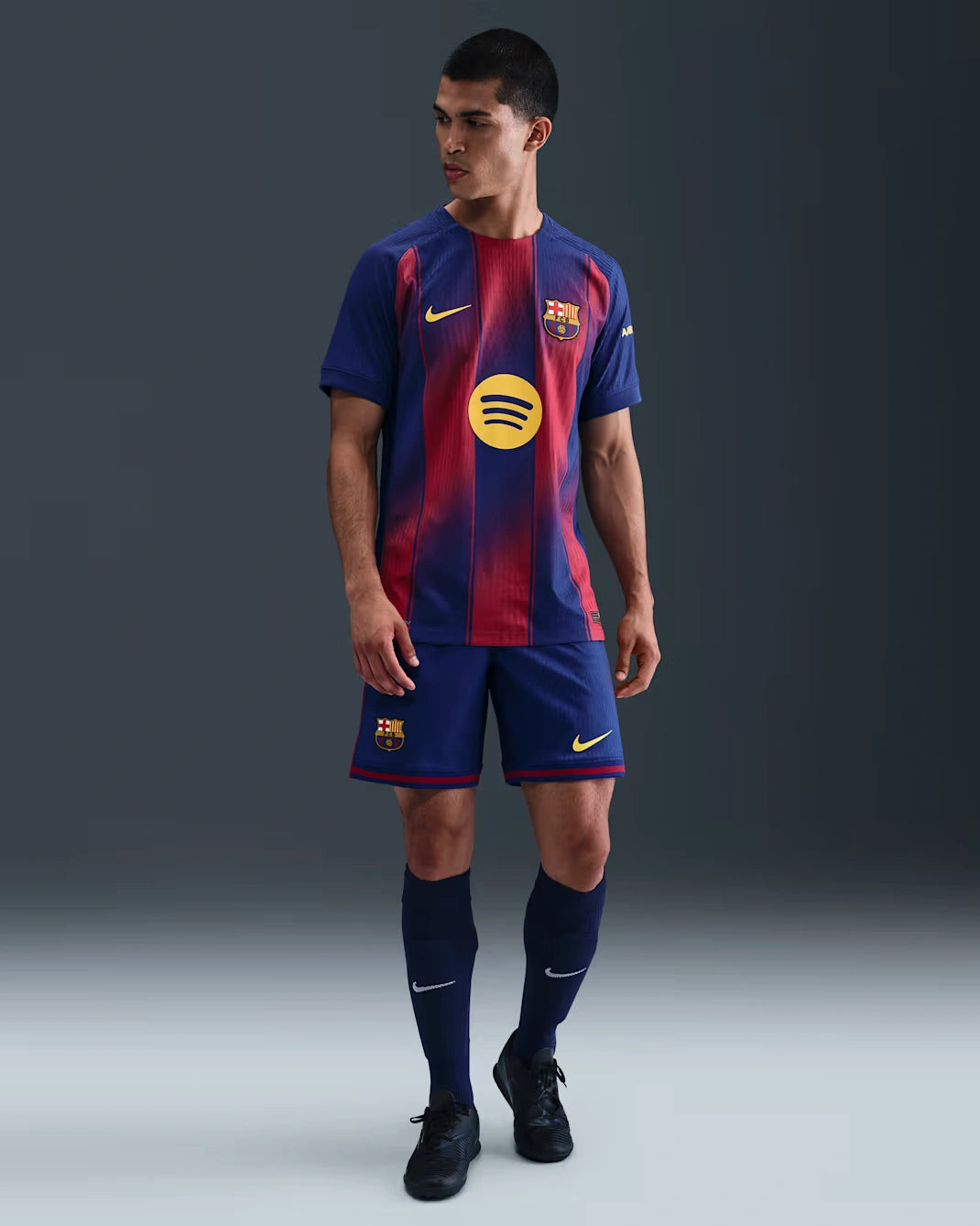 Model wearing FC Barcelona home jersey
