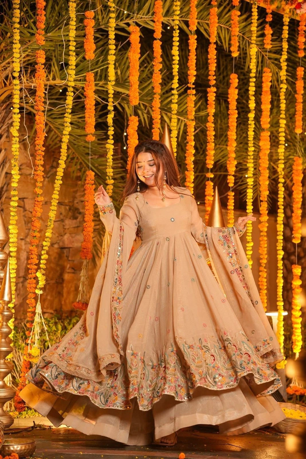 beige embroidered anarkali dress