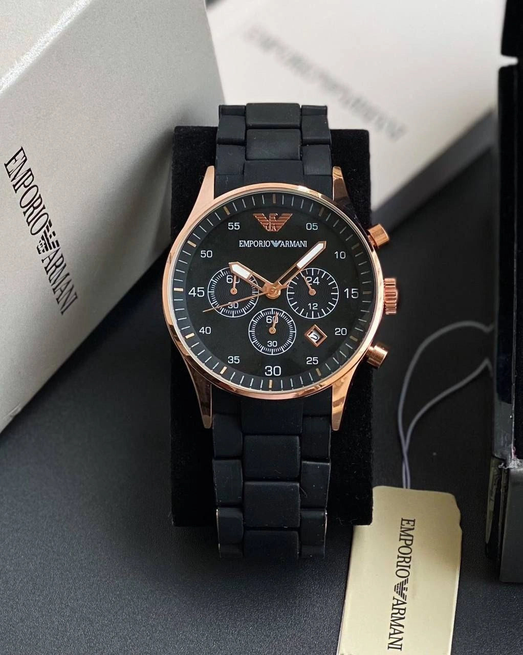 Black dial chronograph watch close-up
