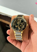 Black dial skeleton analog watch men
