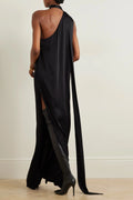 Premium one shoulder black evening maxi dress with scarf detail back view