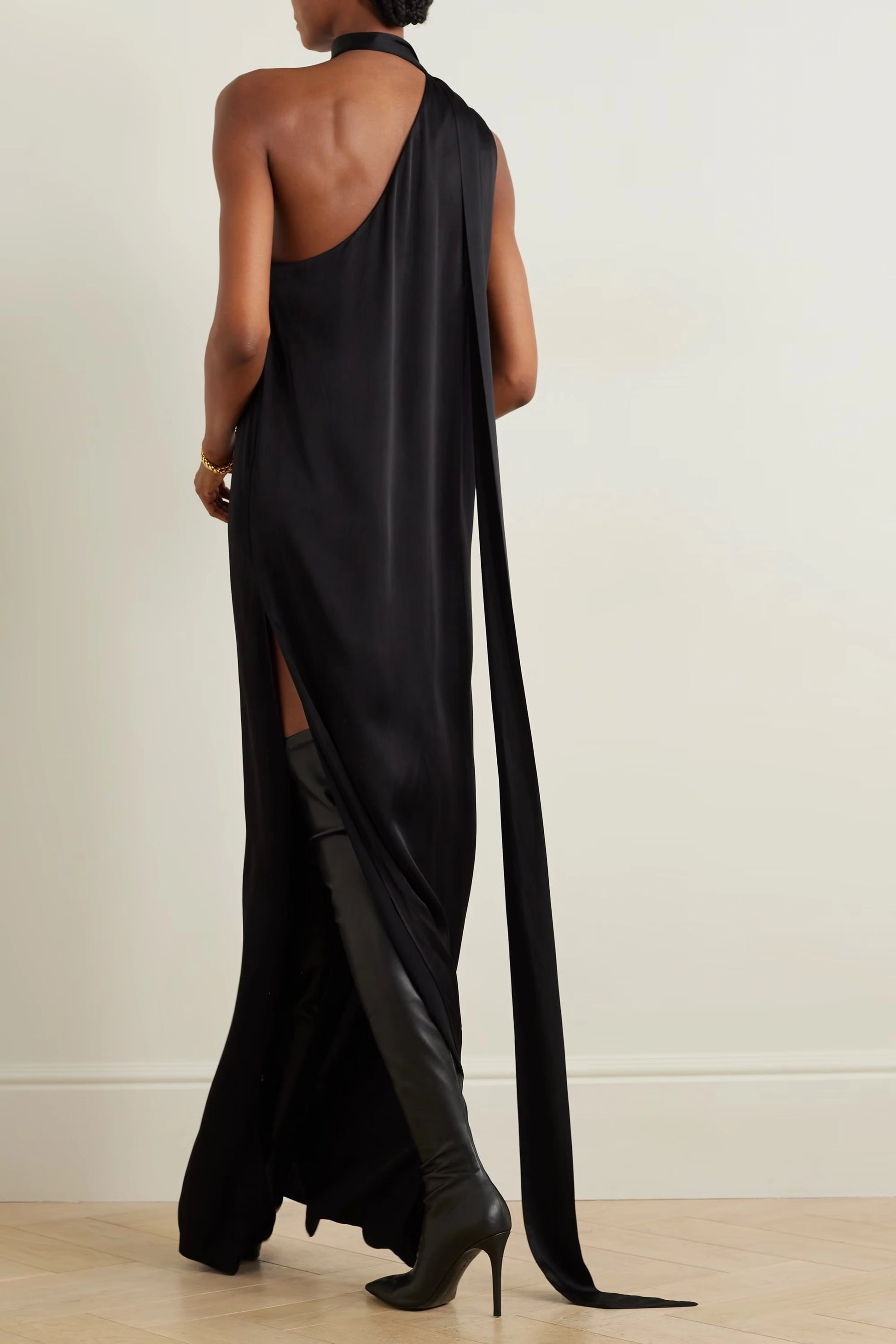 Premium one shoulder black evening maxi dress with scarf detail back view