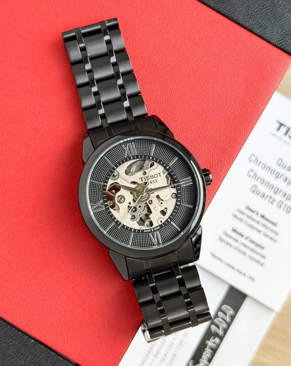 Black stainless steel wristwatch side profile