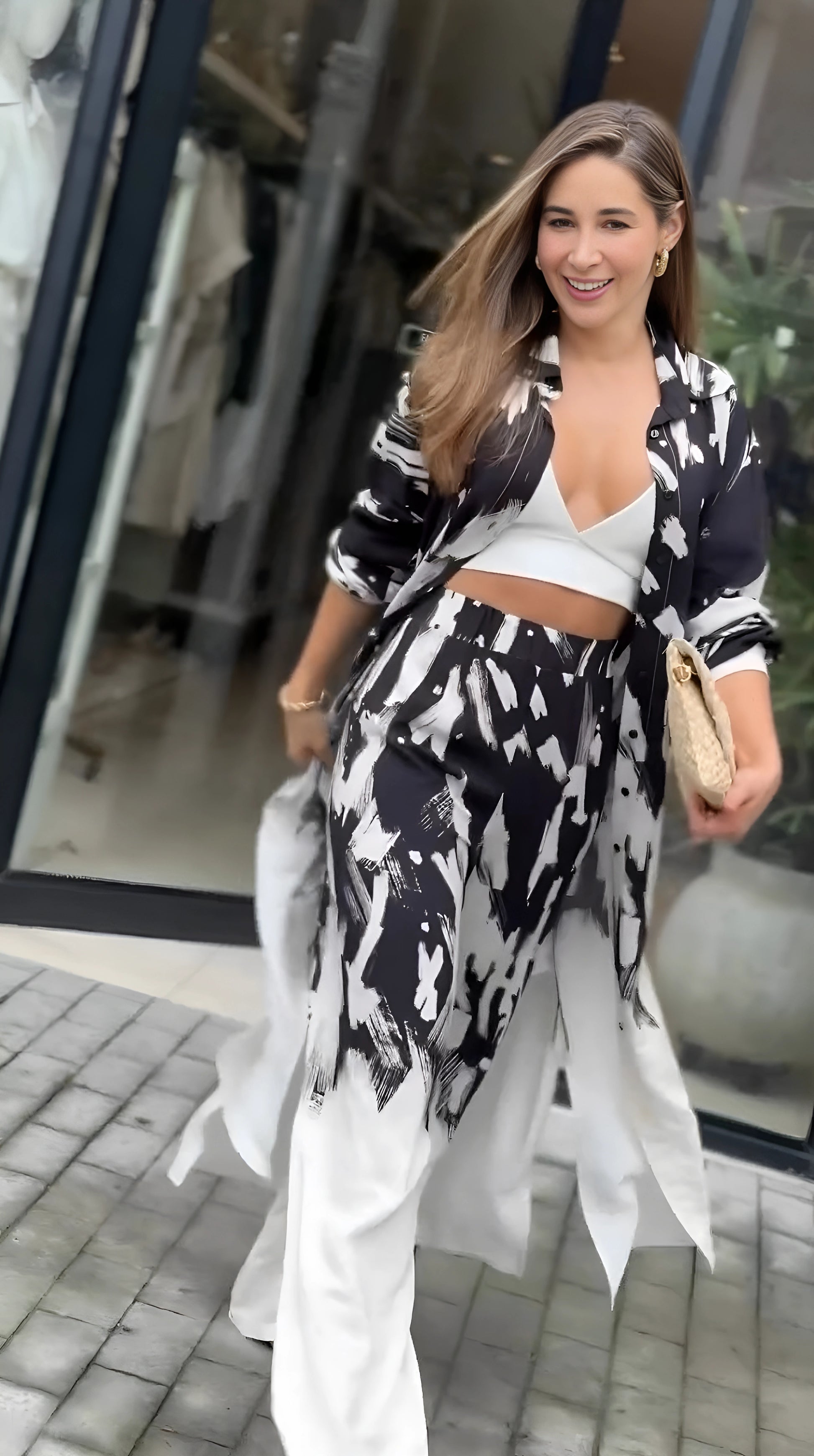 black white women western coord set with matching pants