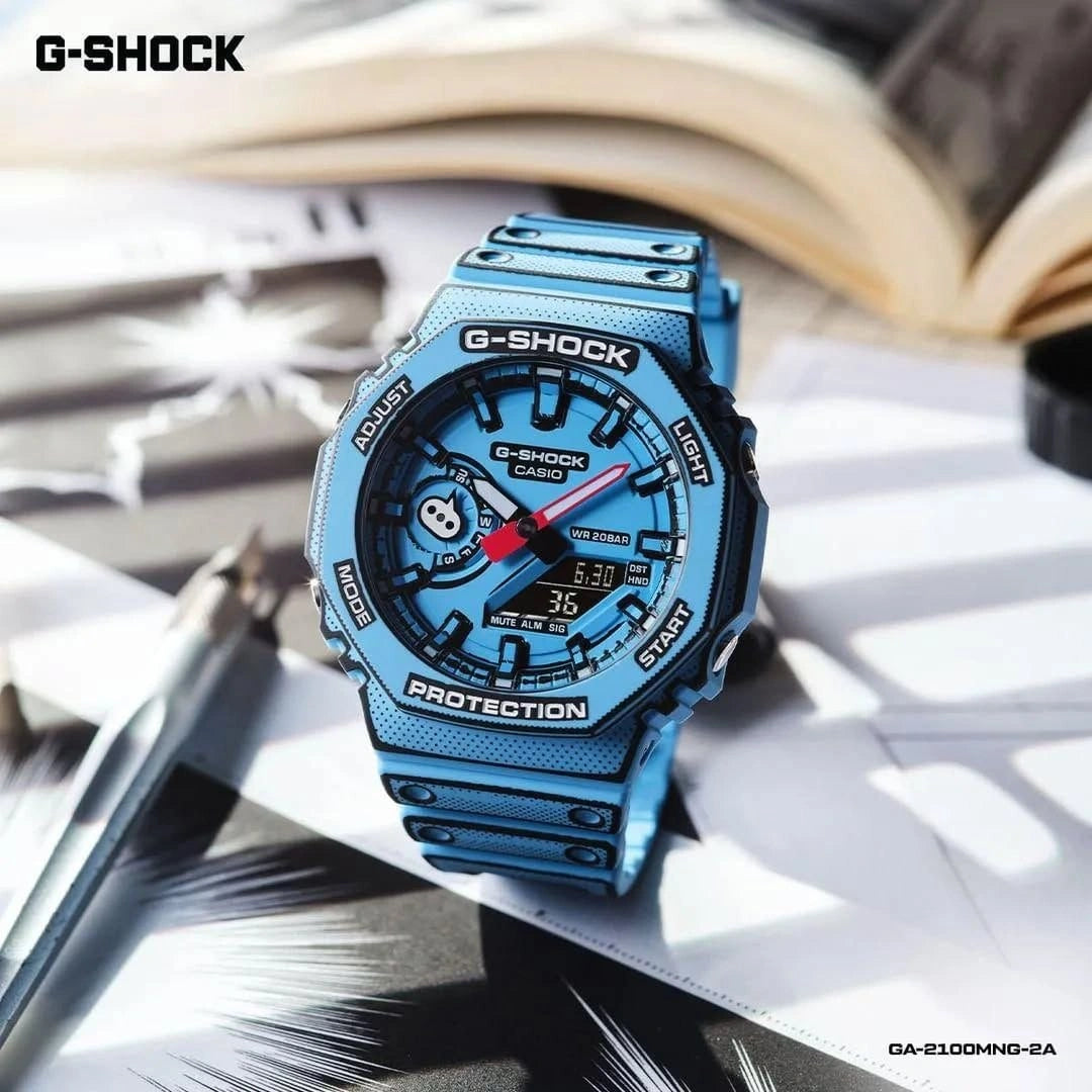 Close-up of blue sports watch dial