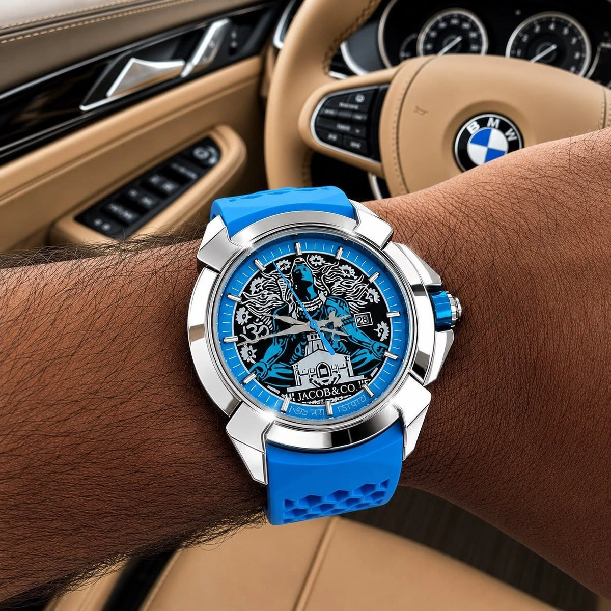 Blue silicone strap watch with stainless-steel case