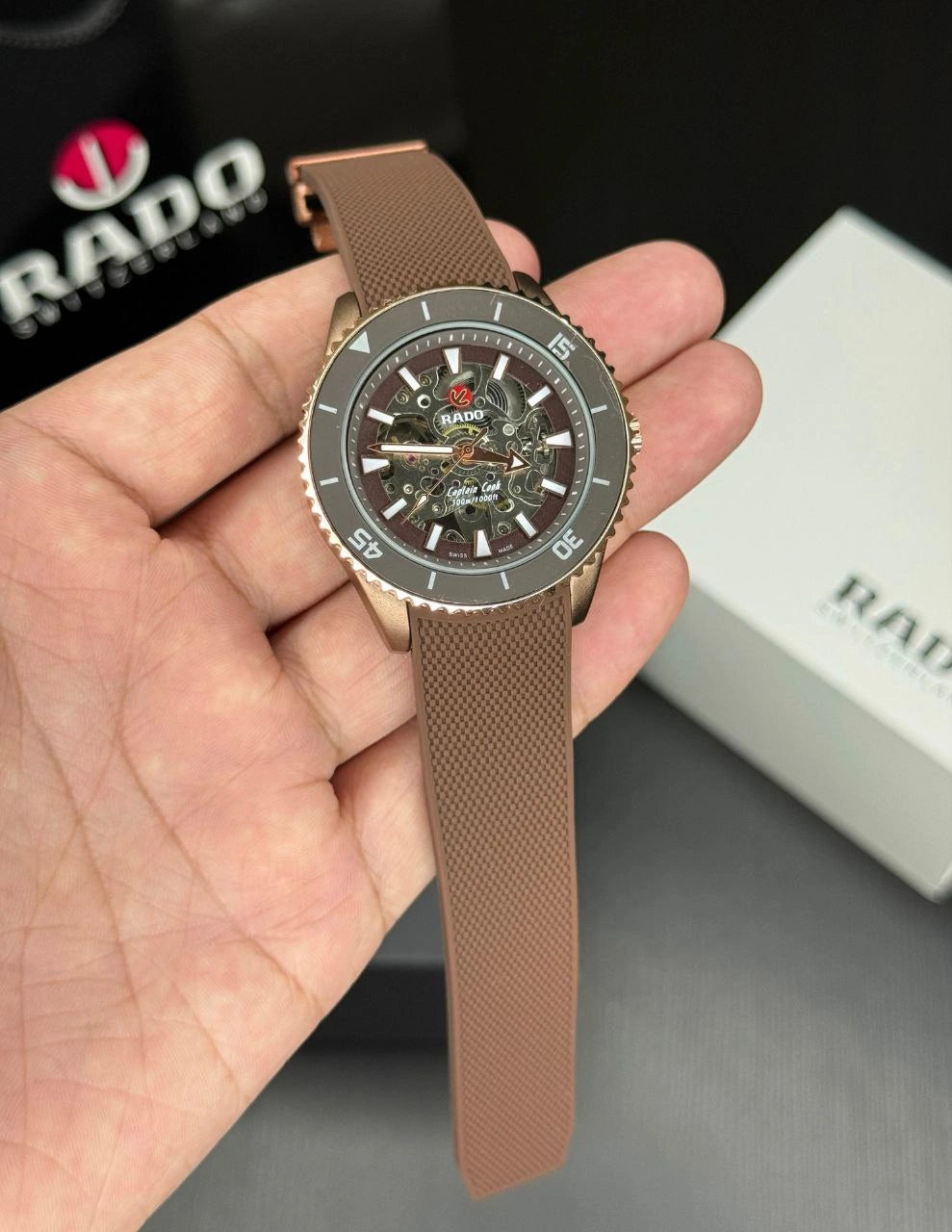 Brown skeleton automatic diver style watch for men
