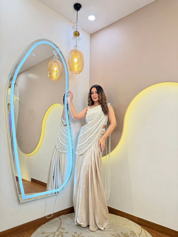 Champagne gold draped saree with sequin embroidery
