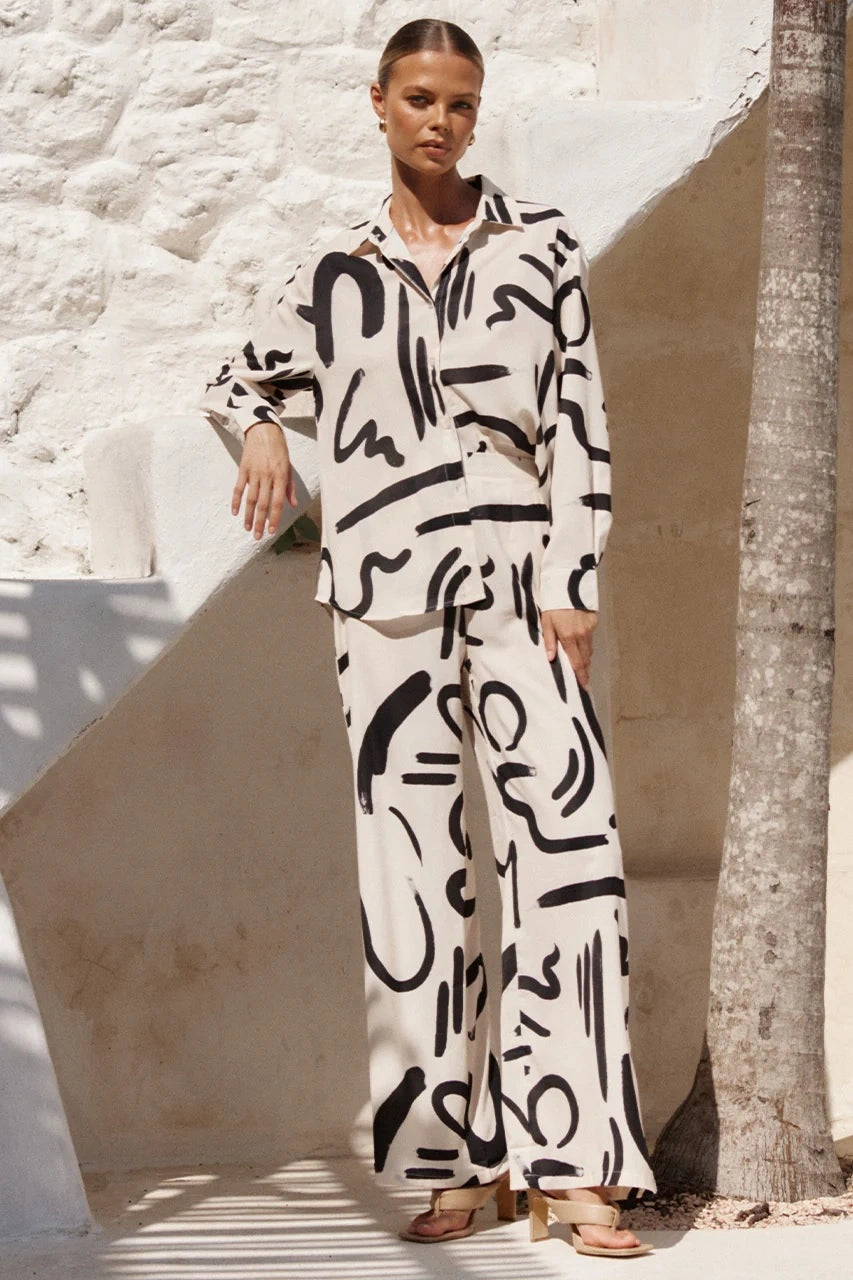 cream abstract print women western coord set