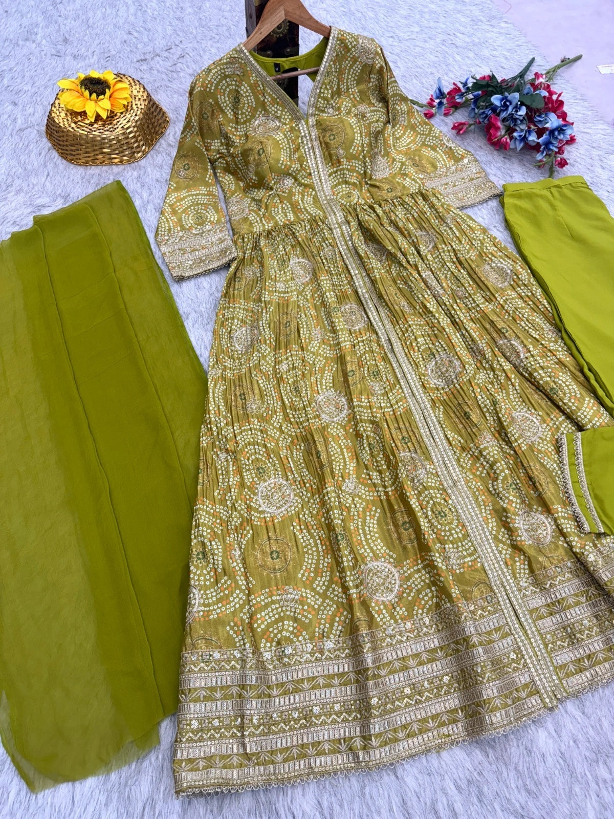 Festive anarkali with pant and dupatta