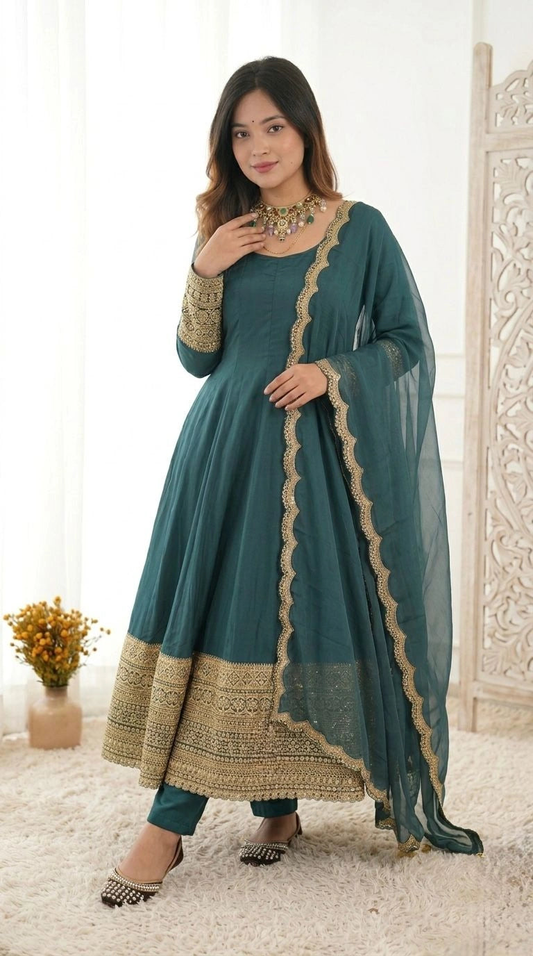 teal green designer anarkali suit
