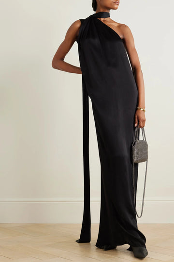 Elegant black one shoulder viscose silk maxi dress for women front view