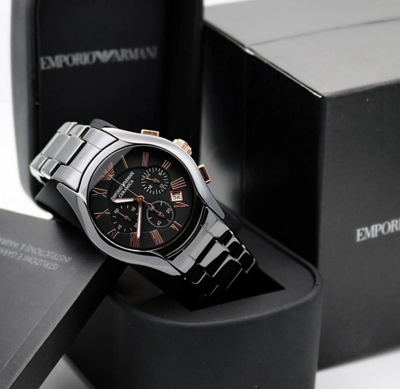 Luxury black ceramic style men's wrist watch with chronograph