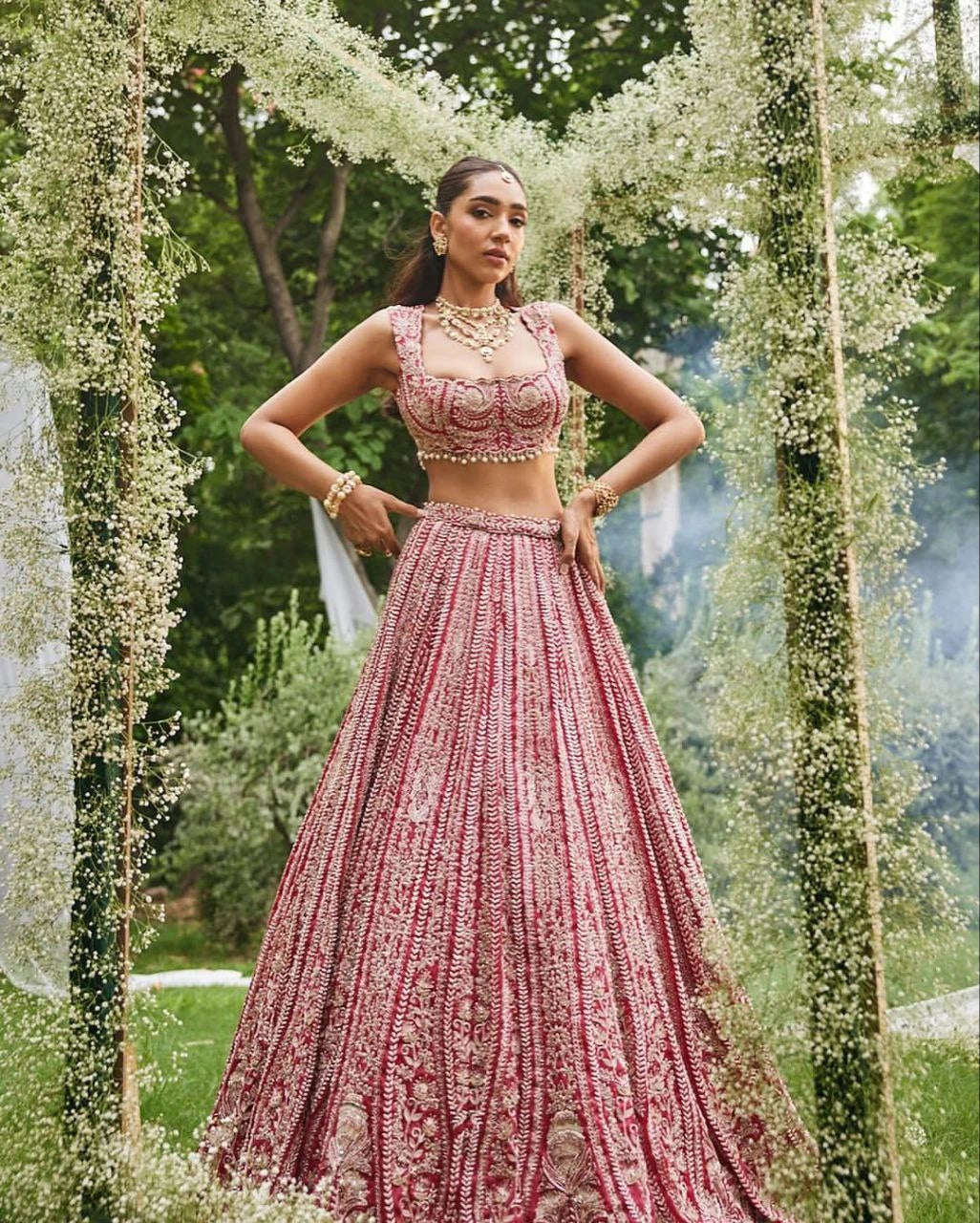 Reception-ready bridal outfit with lace work dupatta