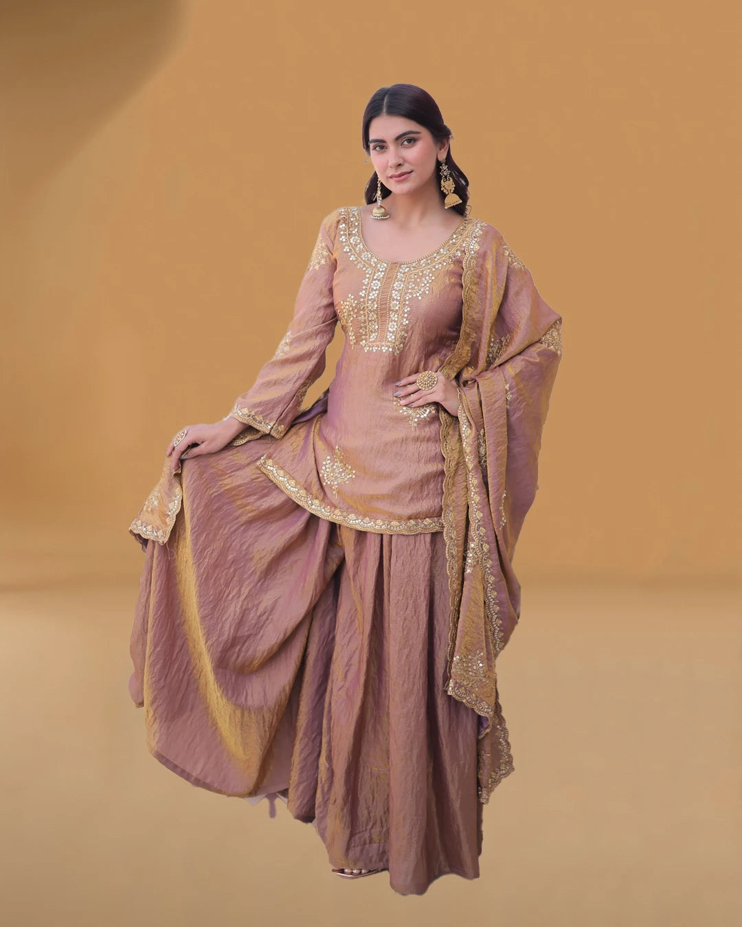Fendi Crush embroidered sharara suit with round neck full sleeves kurti and cotton lining KA-1229