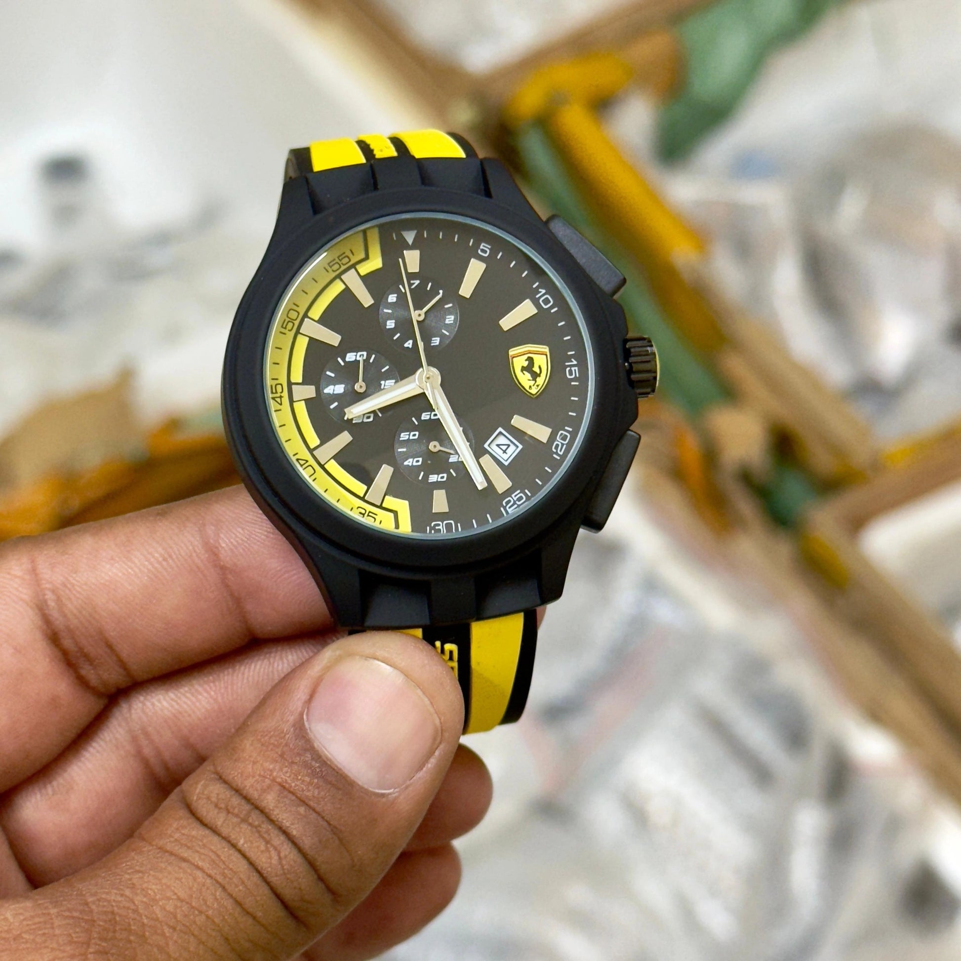 ferrari black yellow chronograph watch
