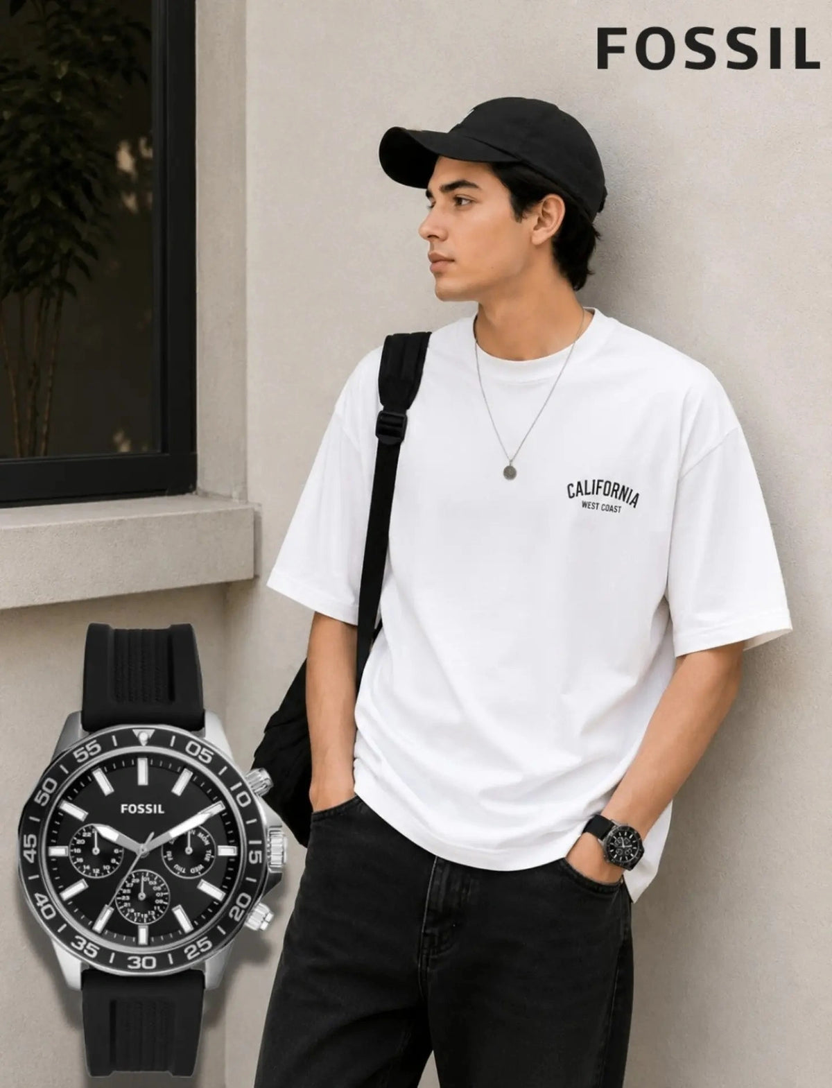 Fossil Bannon BQ2949 men's black sport watch with silicone strap.