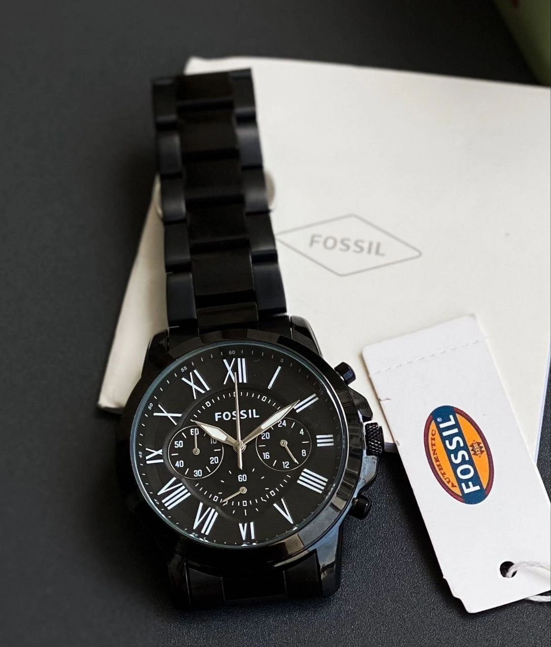 Fossil Grant men's black chronograph watch with metal strap