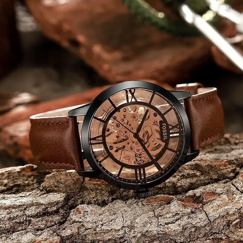Close-up of Fossil ME3098 skeleton dial with gold-tone accents