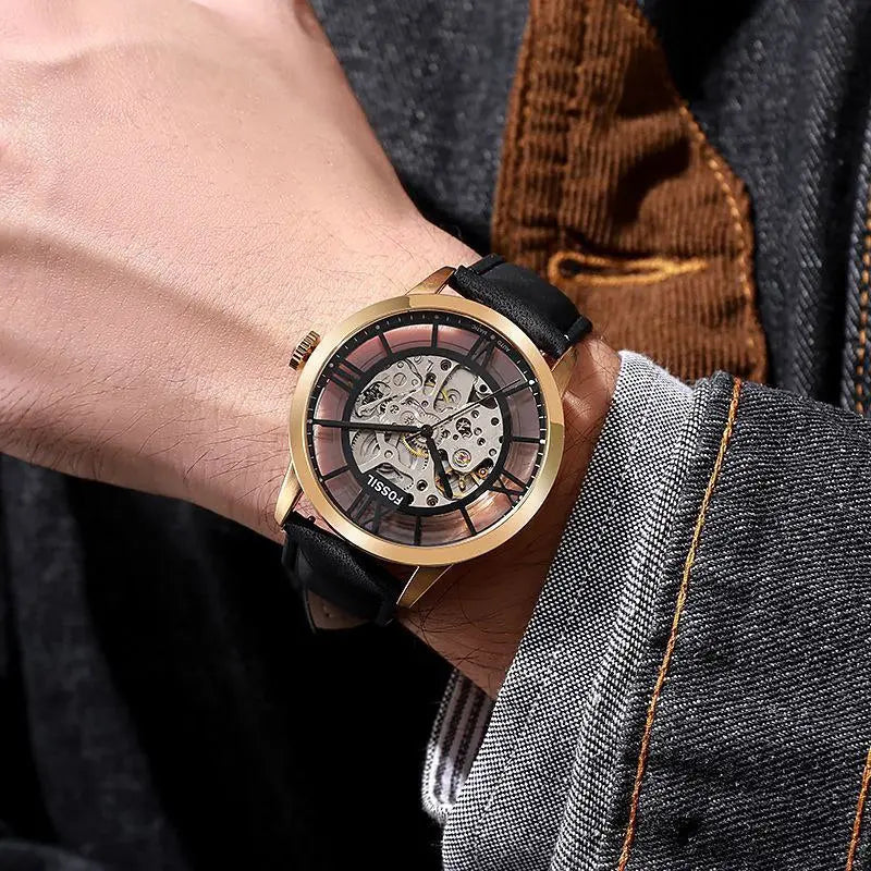 Side profile of Fossil Townsman watch highlighting leather strap