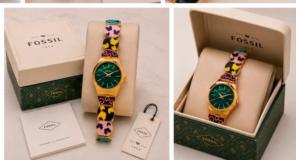 Green dial rose gold analog watch for women
