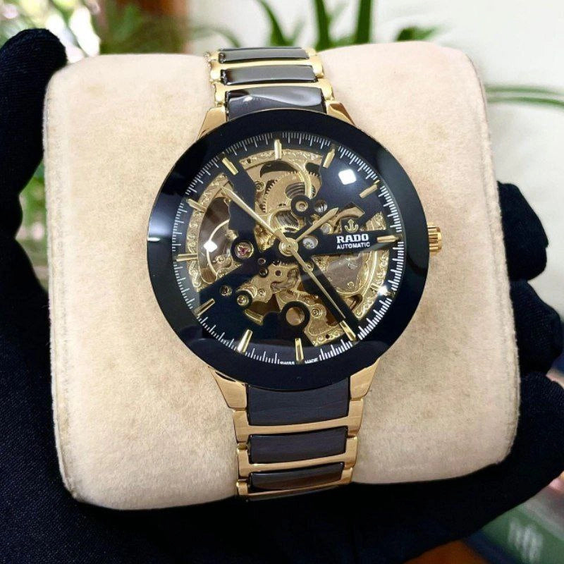 Gold skeleton automatic watch for men 42mm dial
