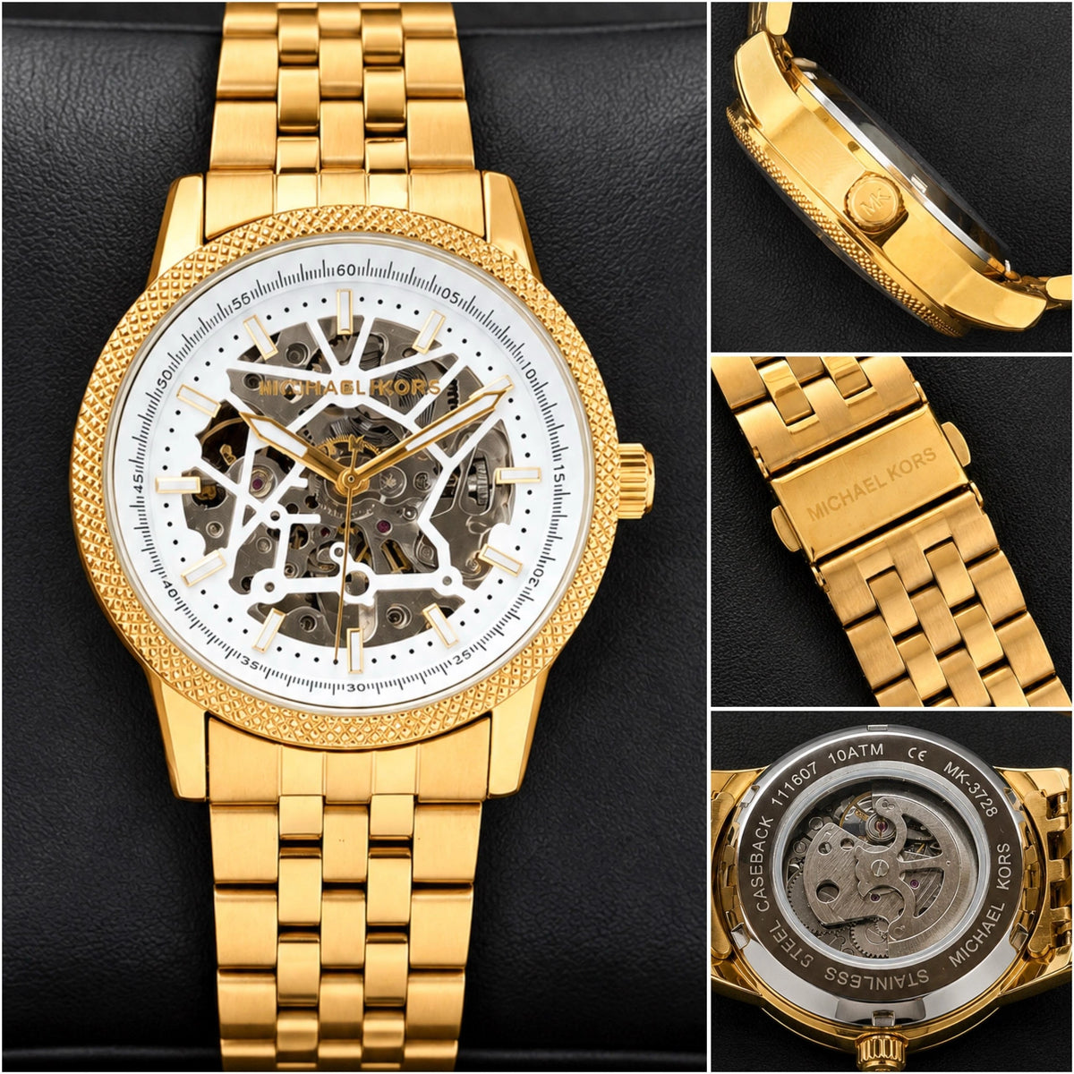 Automatic skeleton watch with textured decorative bezel