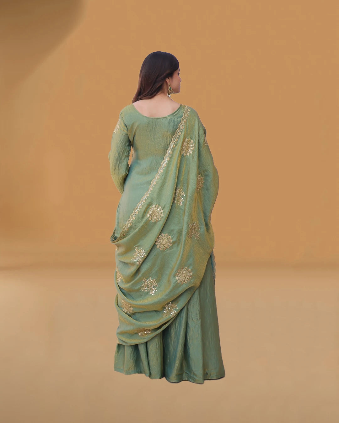 Back view of embroidered sharara with dupatta
