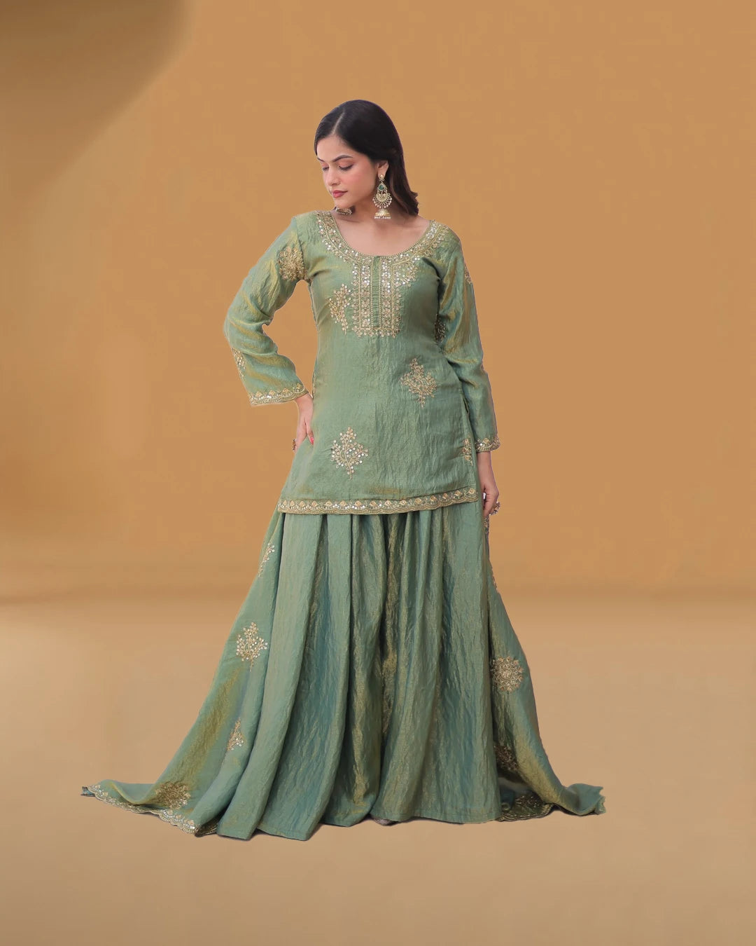 Brown embroidered sharara set front look

