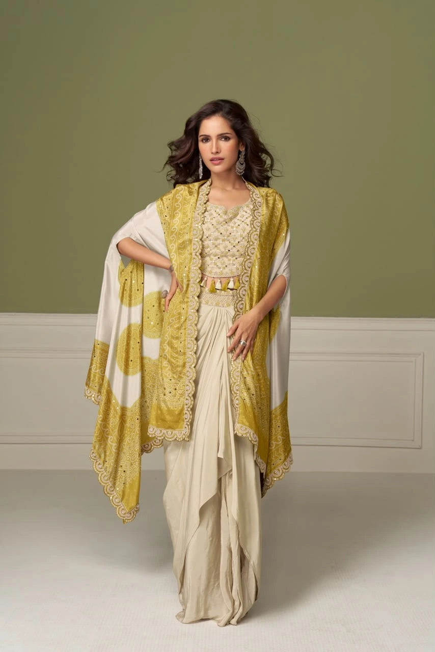 Gulkayra RUHI mustard yellow embroidered Chinon 3 piece ethnic set with dupatta