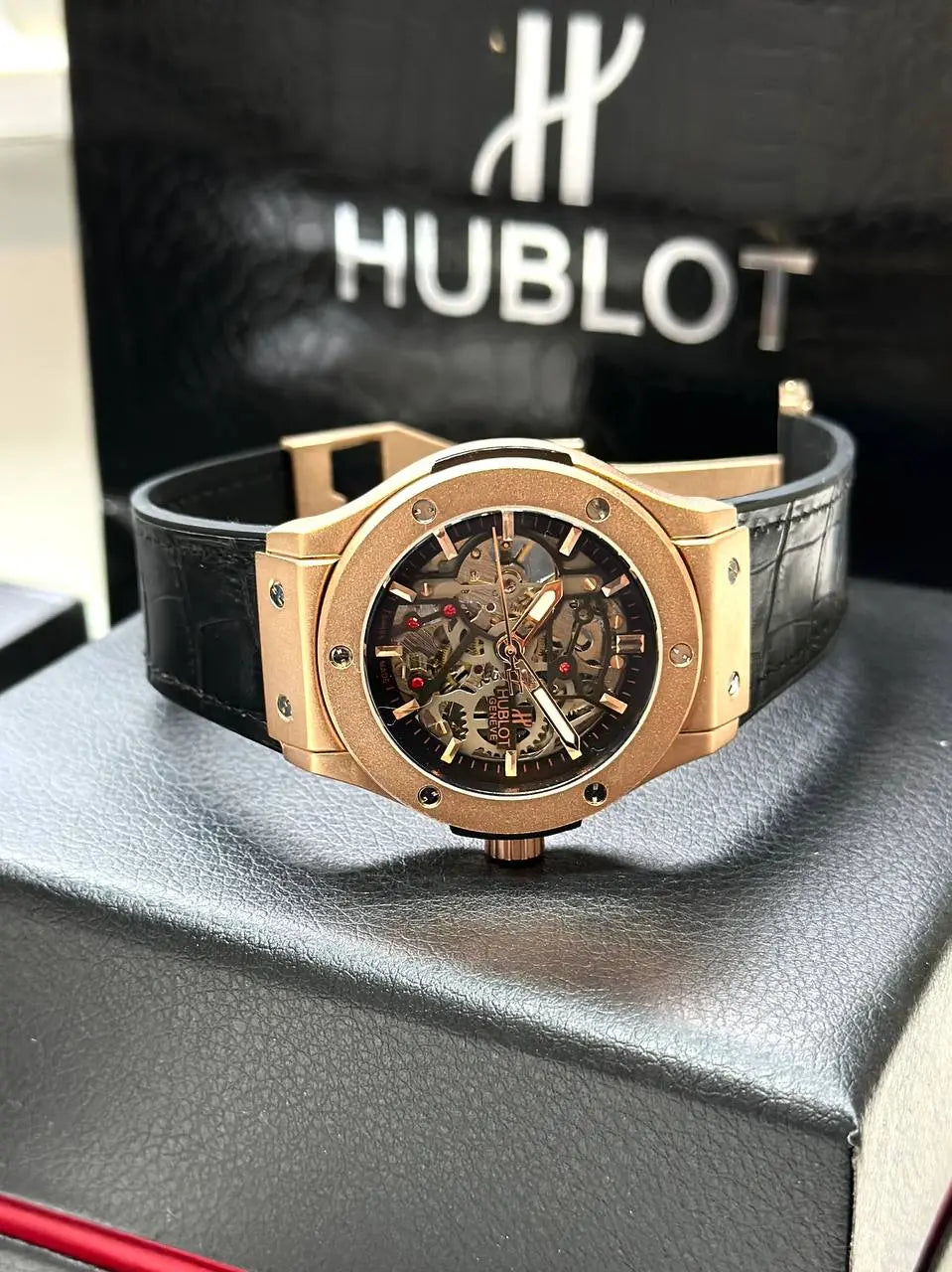 Men’s automatic Hublot watch with black leather strap
