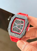 Richard Mille inspired red strap stainless steel watch close up